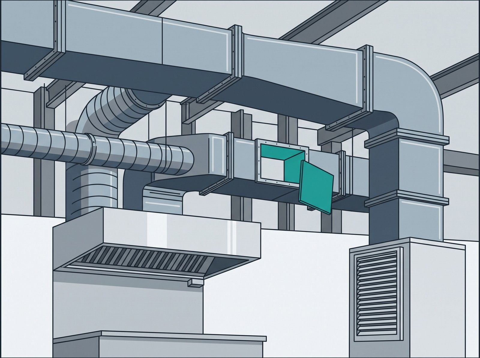 A technician in protective clothing cleaning a rectangular steel ventilation duct through an access panel in a commercial plant room